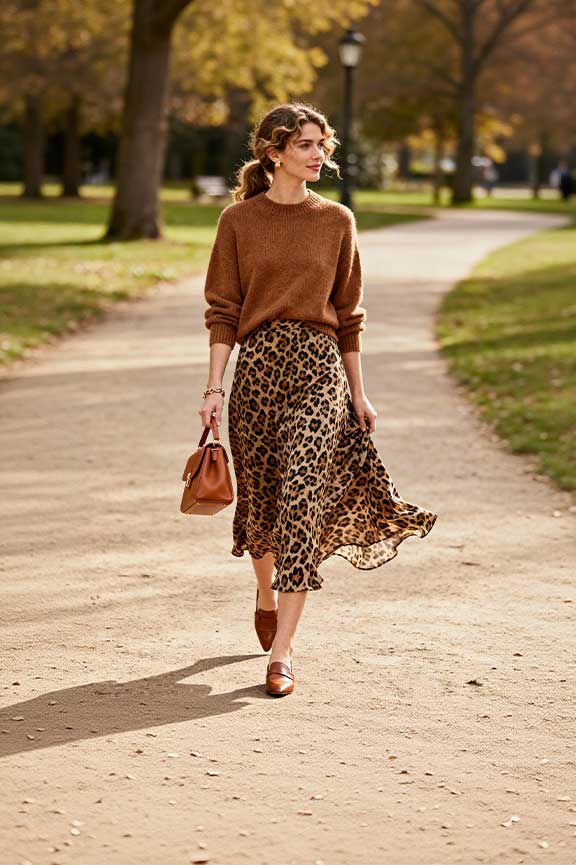 Brown-sweater-+-leopard-skirt-+-matching-bag-and-shoes
