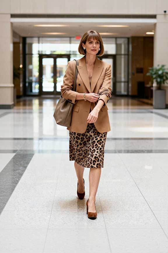 Camel-blazer-+-leopard-skirt-+-strappy-heels