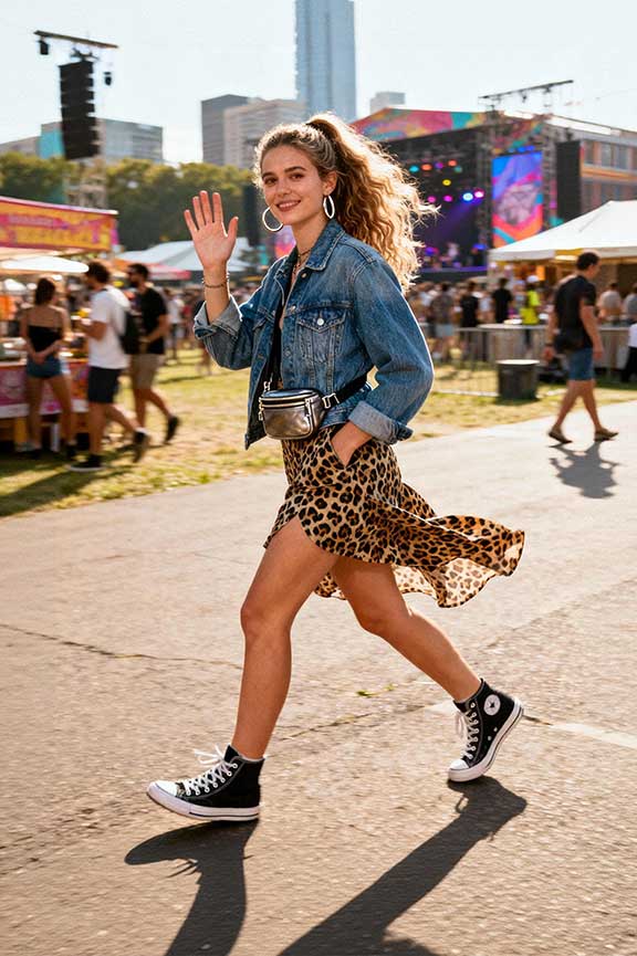 Denim-jacket-+-leopard-skirt-+-high-top-canvas-sneakers