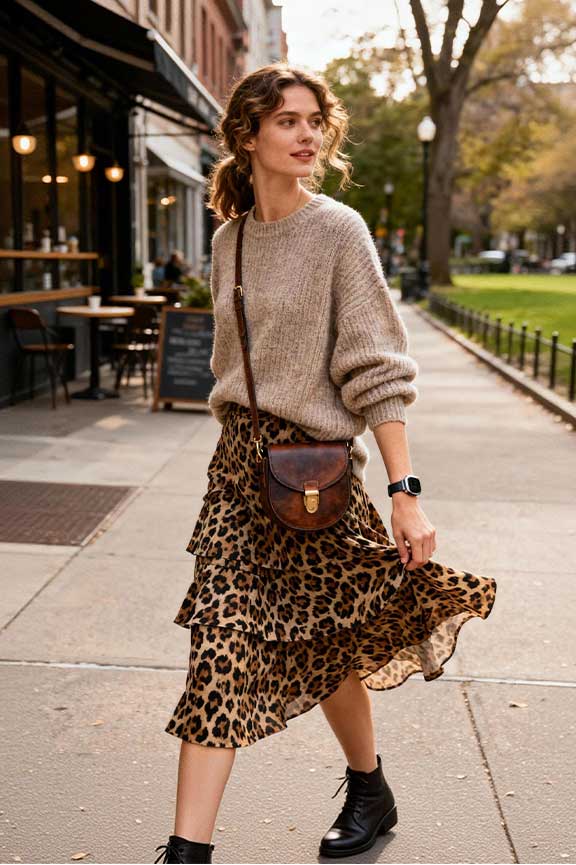 Draped-knit-+-leopard-skirt-+-saddle-bag
