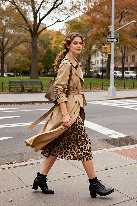Khaki-trench-+-leopard-skirt-+-boots
