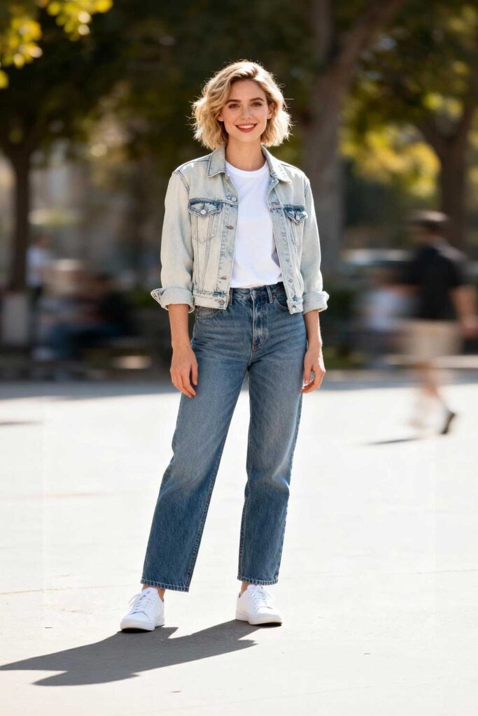 Light-Denim-Jacket-+-White-T-shirt-+-Straight-Leg-Jeans-+-White-Sneakers
