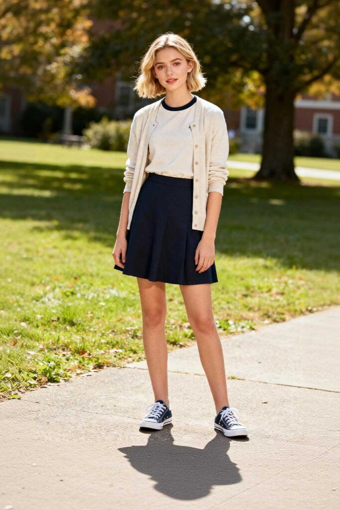 Lightweight-Cardigan-+-Short-Sleeve-Shirt-+-A-Line-Skirt-+-Canvas-Shoes