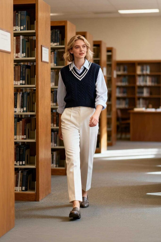 Lightweight-Shirt-+-Knit-Vest-+-Straight-Leg-Pants-+-Loafers