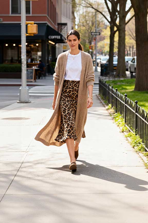 Long-cardigan-+-basic-tee-+-leopard-skirt-+-belt-bag