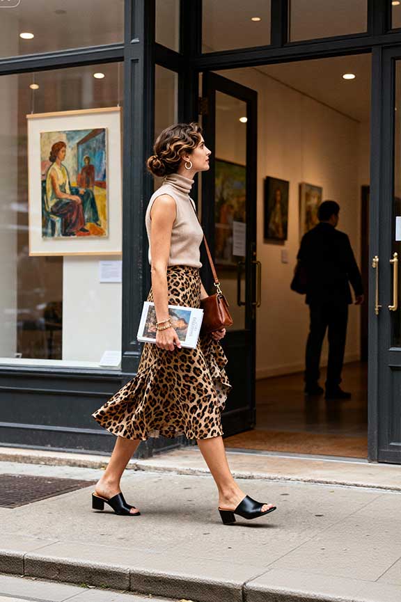 Sleeveless-turtleneck-+-leopard-skirt-+-mules