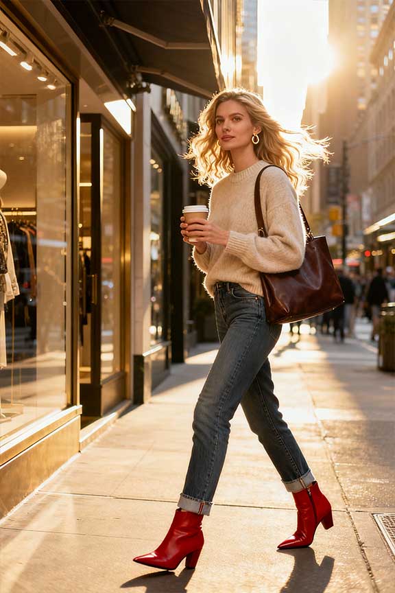 Beige-Sweater-+-Jeans-+-Red-Ankle-Boots