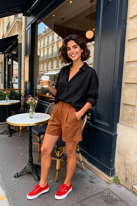 Black-Oversized-Shirt-+-Earthy-Shorts-+-Red-Shoes