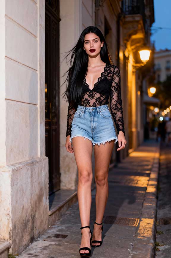 Black-lace-top-+-denim-shorts