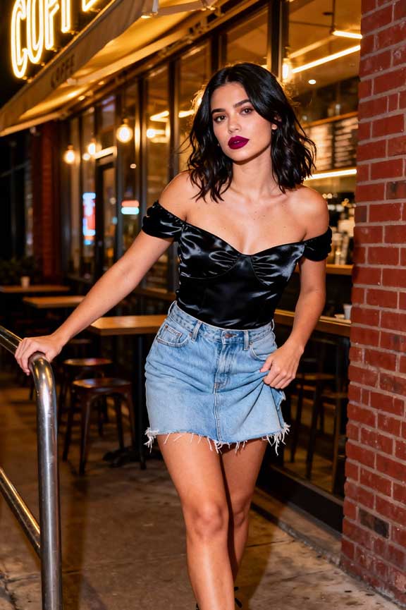 Black-off-shoulder-top-+-denim-skirt-+-platform-shoes