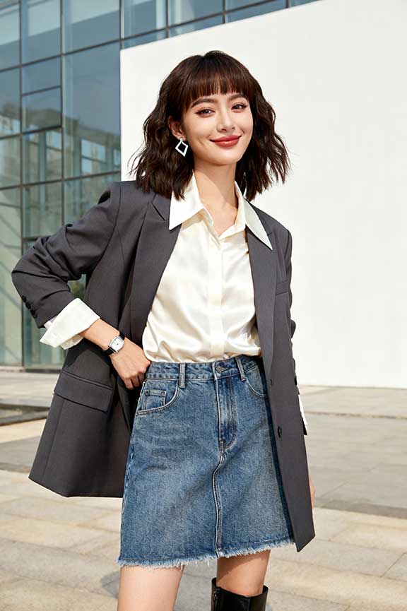 Blazer-+-Denim-Mini-Skirt-+-Ankle-Boots