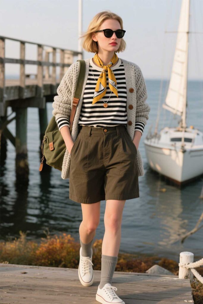 Breton-striped-long-sleeve-+-chunky-cardigan-+-silk-scarf