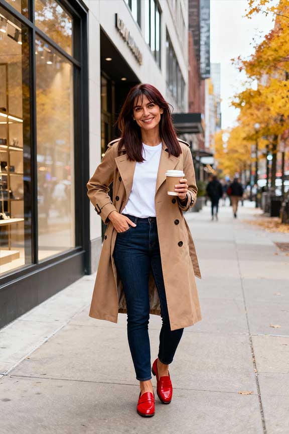 Camel-Trench-Coat-+-White-Tee-+-Jeans-+-Red-Loafers
