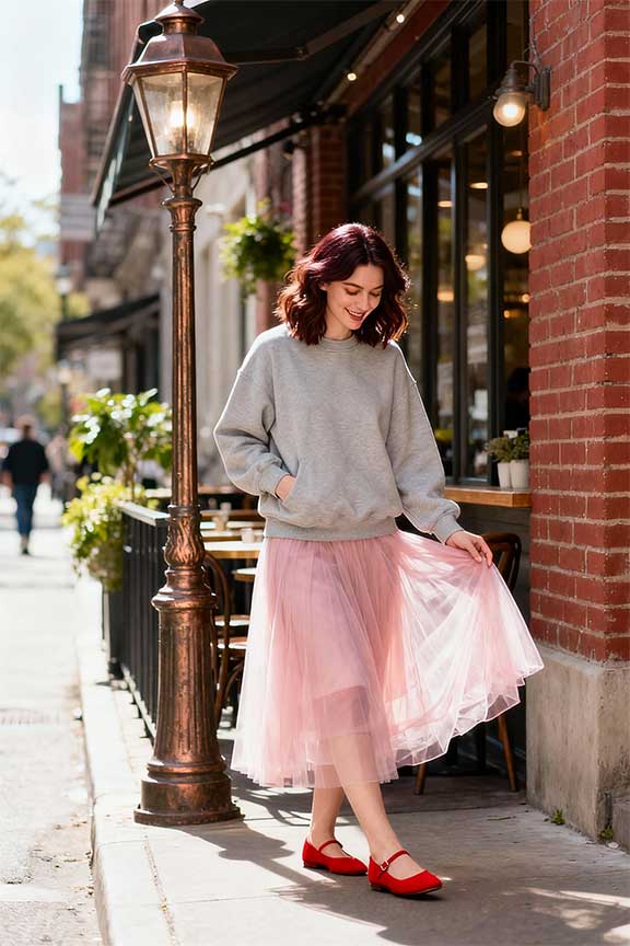 Casual-Sweatshirt-+-Tulle-Maxi-Skirt-+-Red-Flats