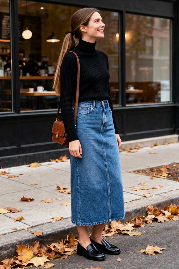 Denim-Maxi-Skirt-+-Black-Turtleneck-+-Loafers