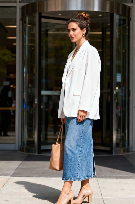 Denim-Maxi-Skirt-+-Blazer-+-Heels