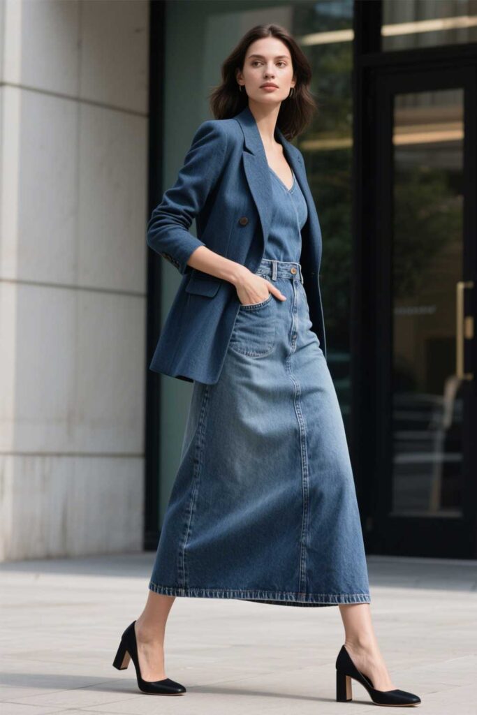 Denim-Maxi-Skirt-+-Blazer-+-Heels