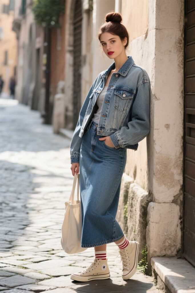 Denim-Maxi-Skirt-+-Denim-Jacket-+-Sneakers