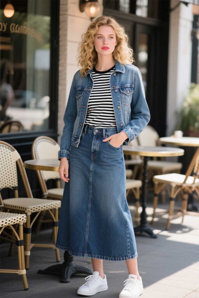 Denim-Maxi-Skirt-+-Denim-Jacket-+-Striped-Tee-+-White-Sneakers