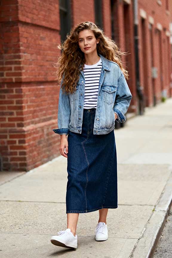 Denim-Maxi-Skirt-+-Denim-Jacket-+-Striped-Tee-+-White-Sneakers