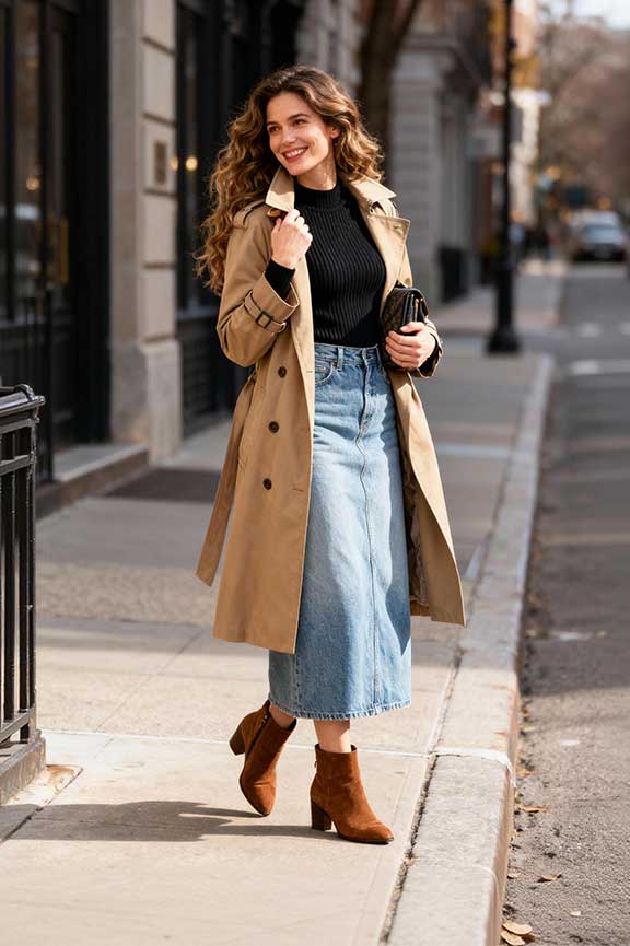 Denim-Maxi-Skirt-+-Fitted-Knit-Top-+-Trench-Coat