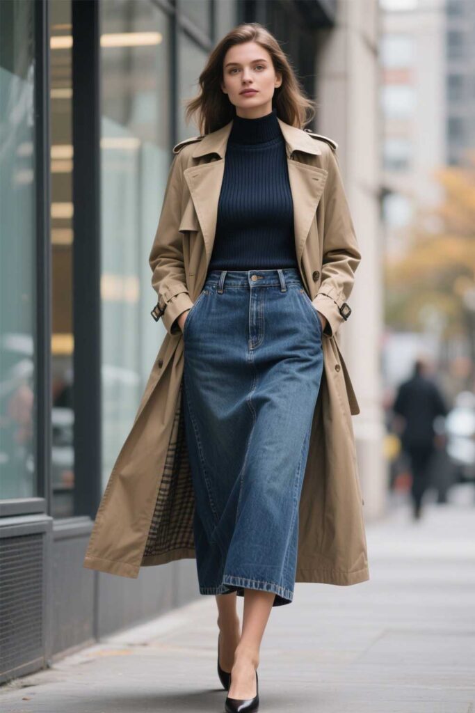Denim-Maxi-Skirt-+-Fitted-Knit-Top-+-Trench-Coat