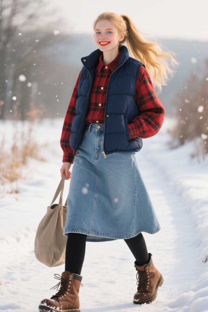 Denim-Maxi-Skirt-+-Flannel-Shirt-+-Puffer-Vest-+-Leggings-Underneath-+-Waterproof-Boots