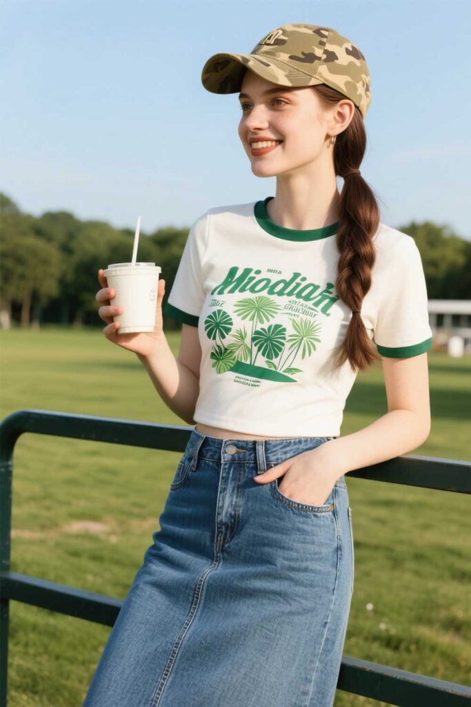 Denim-Maxi-Skirt-+-Graphic-Tee-+-Baseball-Cap