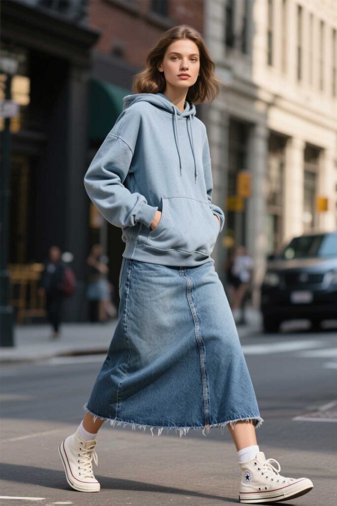 Denim-Maxi-Skirt-+-Hoodie-+-Canvas-Sneakers