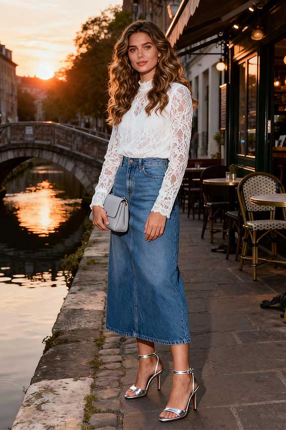 Denim-Maxi-Skirt-+-Lace-Blouse-+-Strappy-Heels