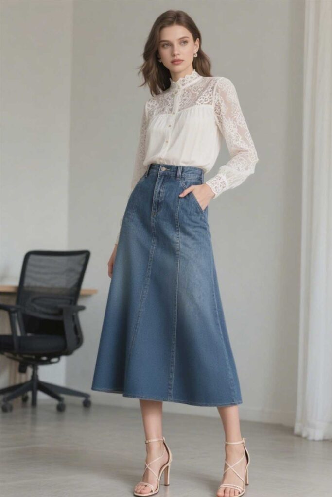 Denim-Maxi-Skirt-+-Lace-Blouse-+-Strappy-Heels