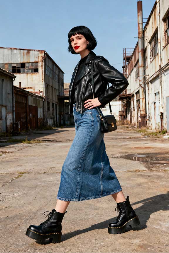 Denim-Maxi-Skirt-+-Leather-Jacket-+-Combat-Boots