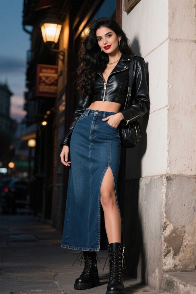 Denim-Maxi-Skirt-+-Leather-Jacket-+-Combat-Boots