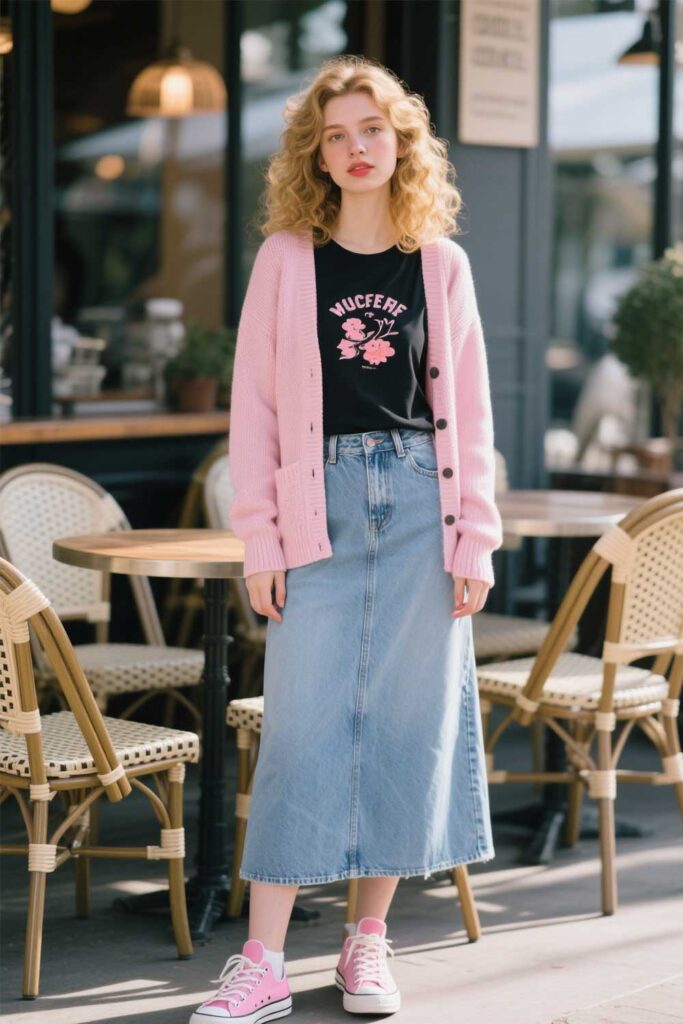 Denim-Maxi-Skirt-+-Light-Cardigan-+-Long-Sleeve-Tee-+-Sneakers