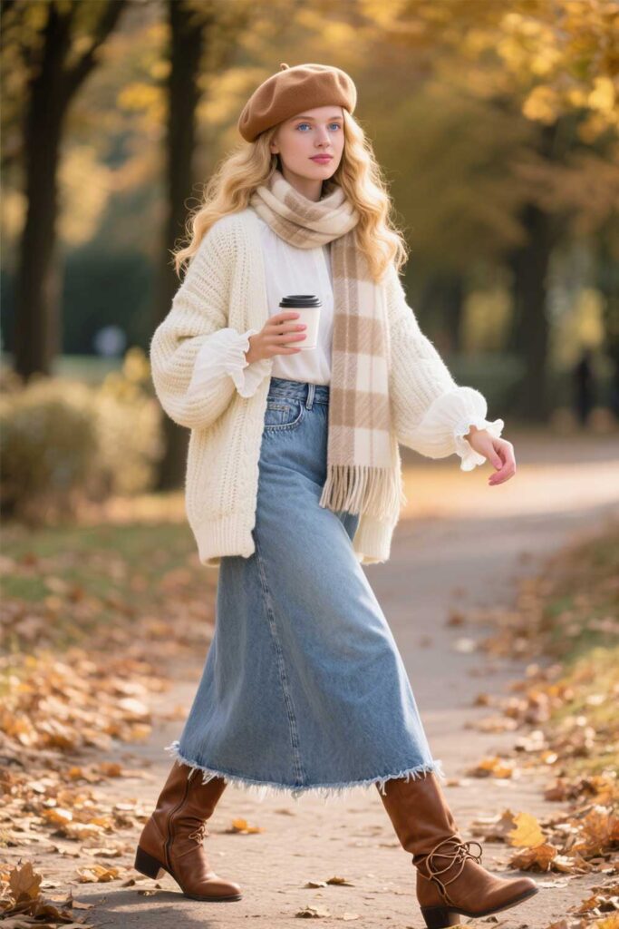 Denim-Maxi-Skirt-+-Long-Sleeve-Blouse-+-Chunky-Knit-Cardigan-+-Ankle-Boots-+-Scarf