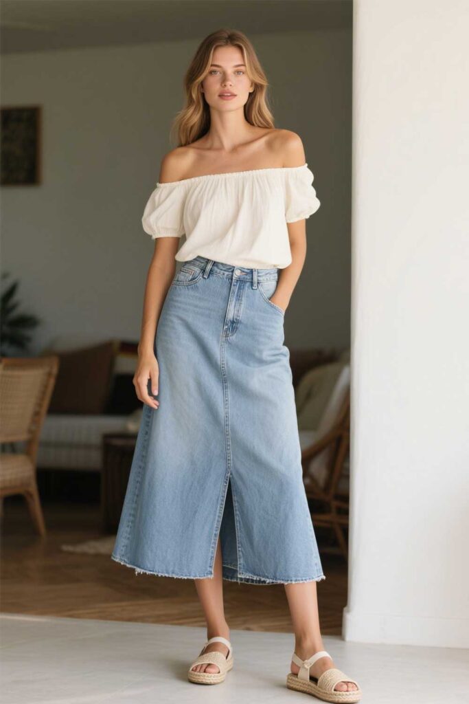 Denim-Maxi-Skirt-+-Off-Shoulder-Top-+-Espadrilles