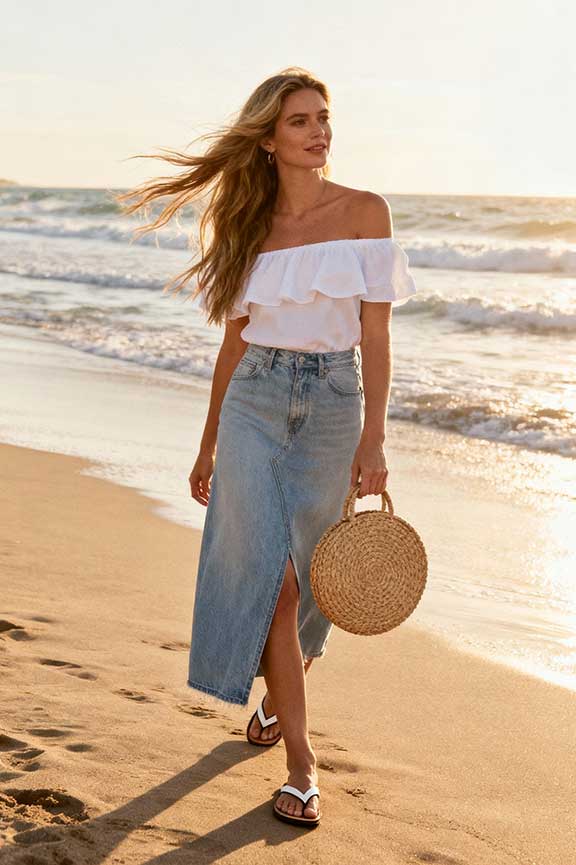 Denim-Maxi-Skirt-+-Off-Shoulder-Top-+-Flip-Flops