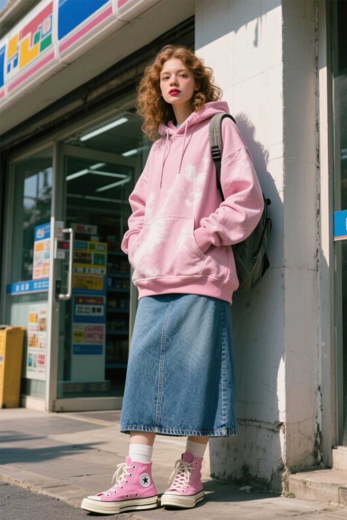 Denim-Maxi-Skirt-+-Oversized-Hoodie-+-Sneakers