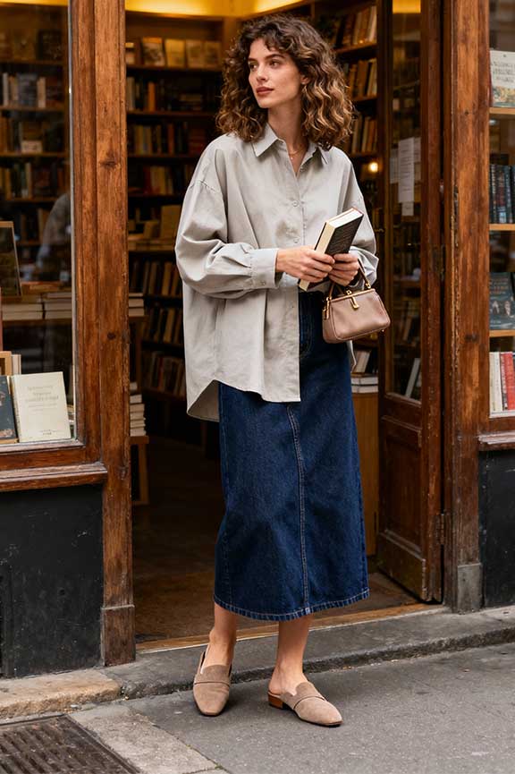 Denim-Maxi-Skirt-+-Oversized-Shirt-+-Flat-Mules