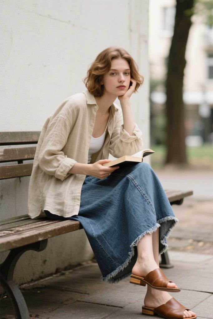 Denim-Maxi-Skirt-+-Oversized-Shirt-+-Flat-Mules