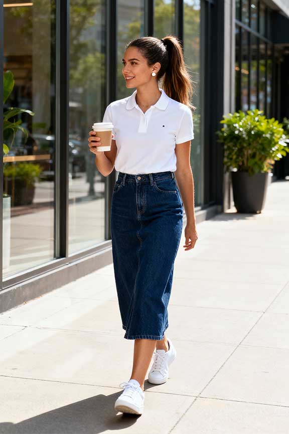 Denim-Maxi-Skirt-+-Polo-Shirt-+-Sneakers