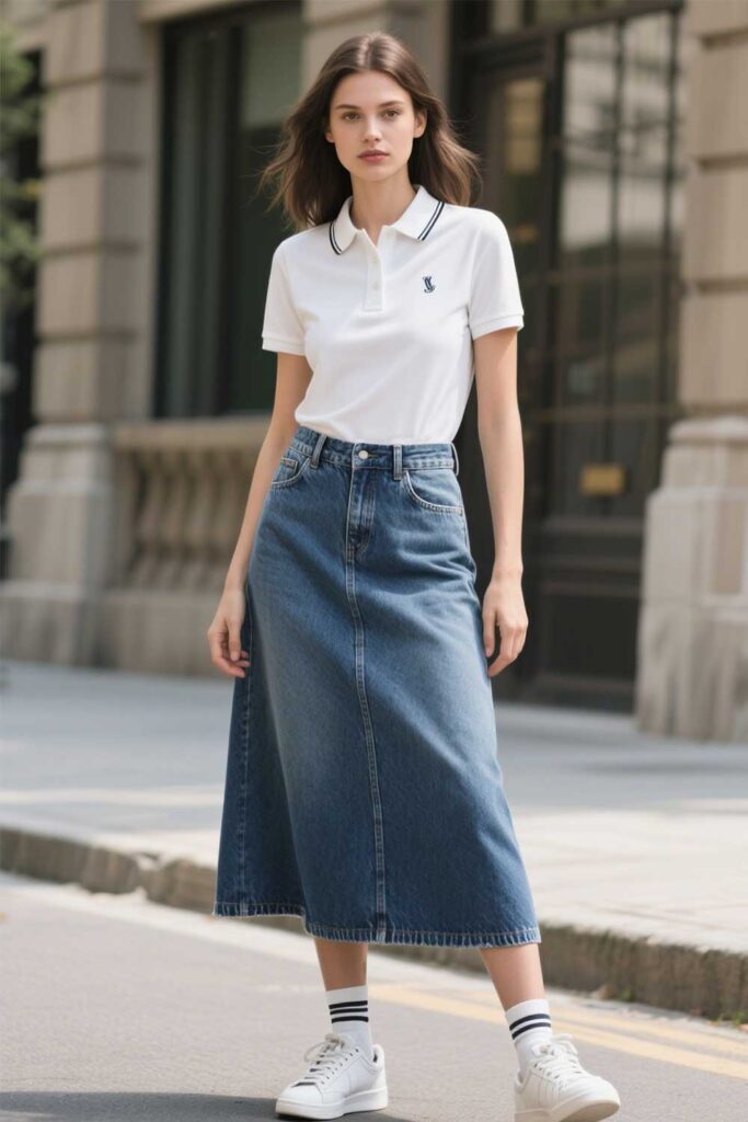 Denim-Maxi-Skirt-+-Polo-Shirt-+-Sneakers