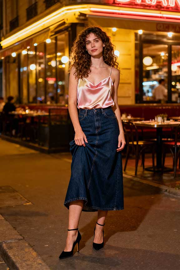 Denim-Maxi-Skirt-+-Silk-Cami-+-Heels