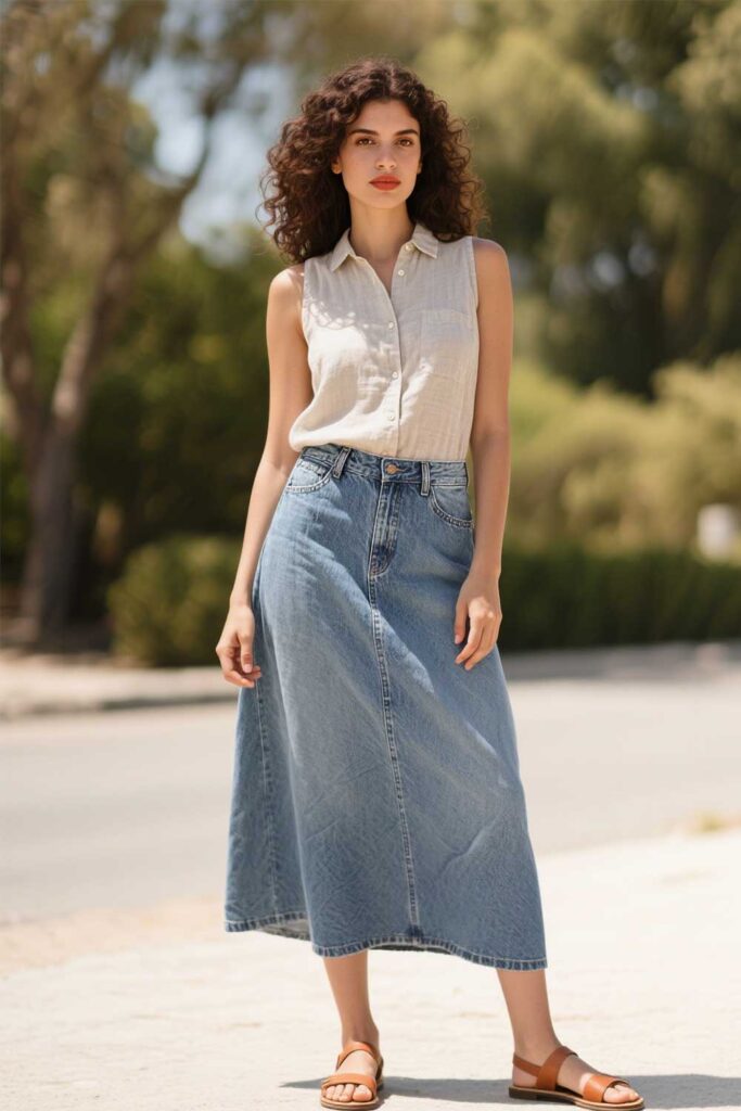 Denim-Maxi-Skirt-+-Sleeveless-Linen-Shirt-+-Flat-Sandals