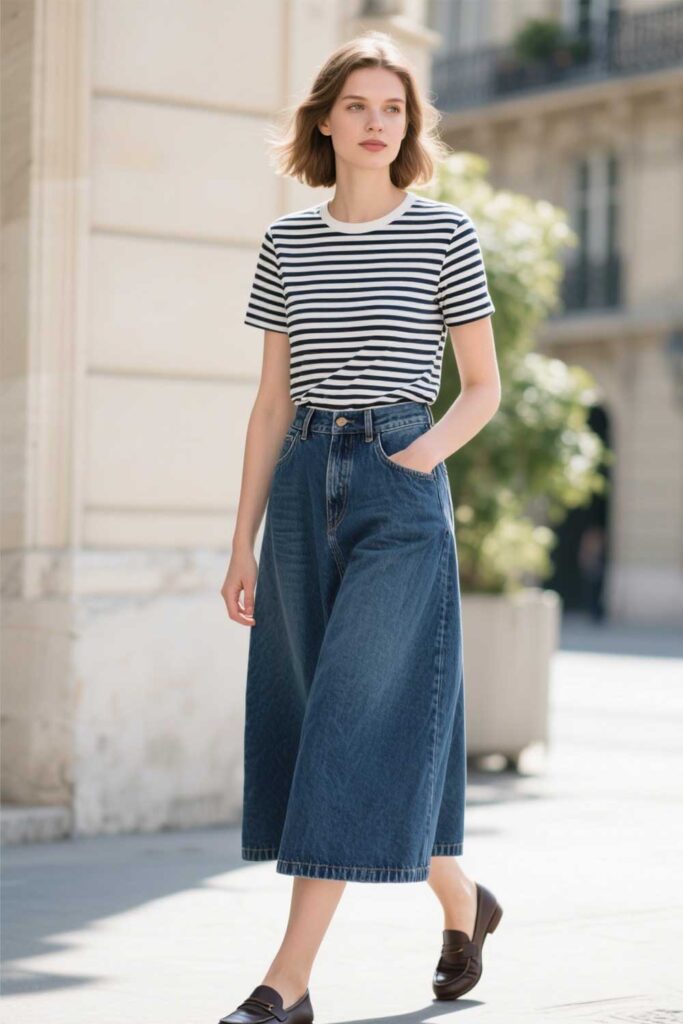 Denim-Maxi-Skirt-+-Striped-Tee-+-Loafers