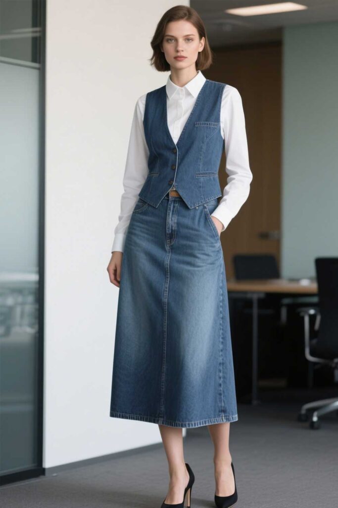 Denim-Maxi-Skirt-+-White-Shirt-+-Vest-+-Heels