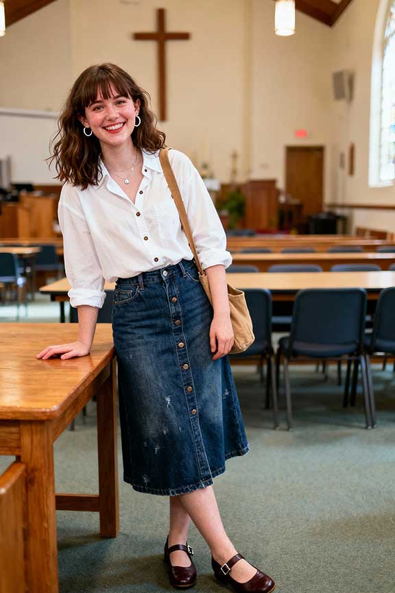 Denim-Skirt-with-White-Shirt