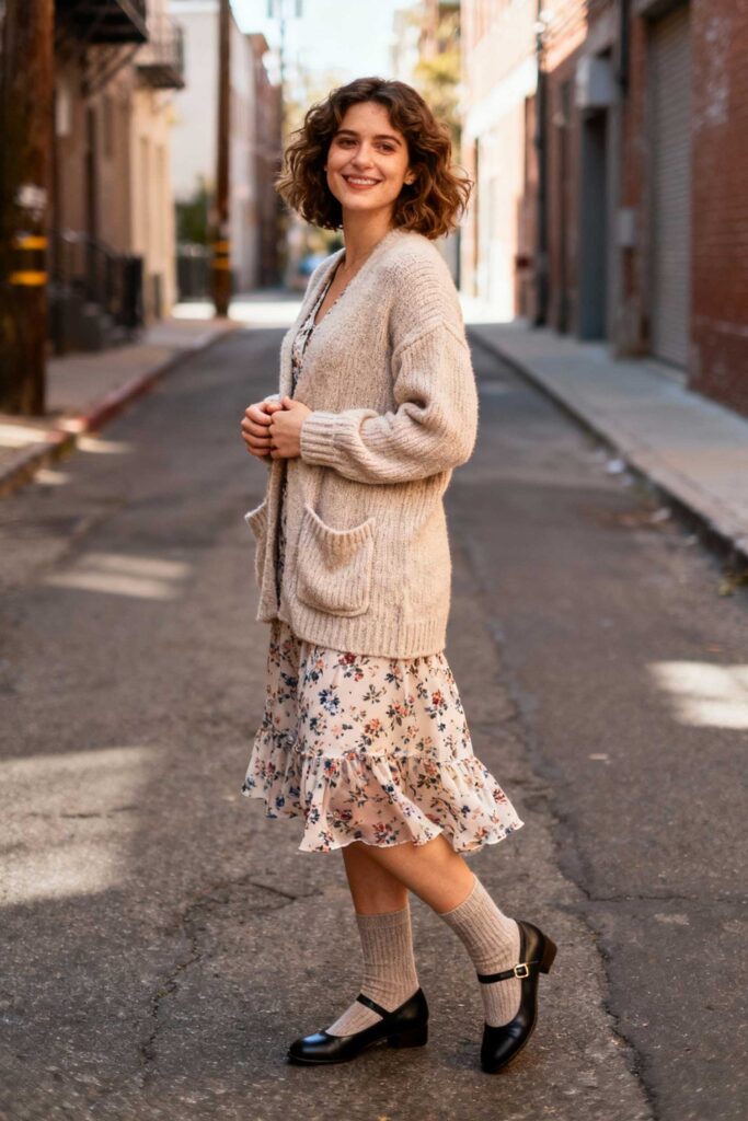 Floral-Skirt-+-Cardigan-+-Knee-High-Socks