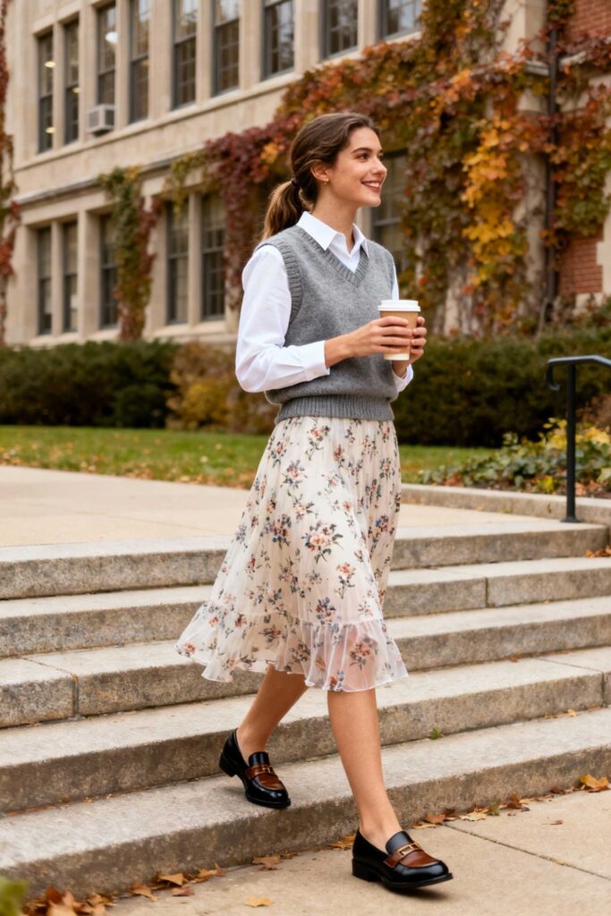 Floral-Skirt-+-Knit-Vest-+-White-Shirt