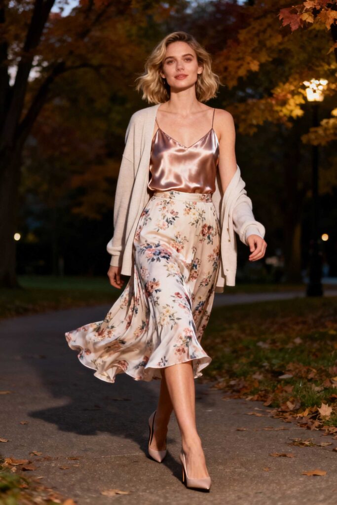 Floral-Skirt-+-Silk-Cami-+-Light-Cardigan